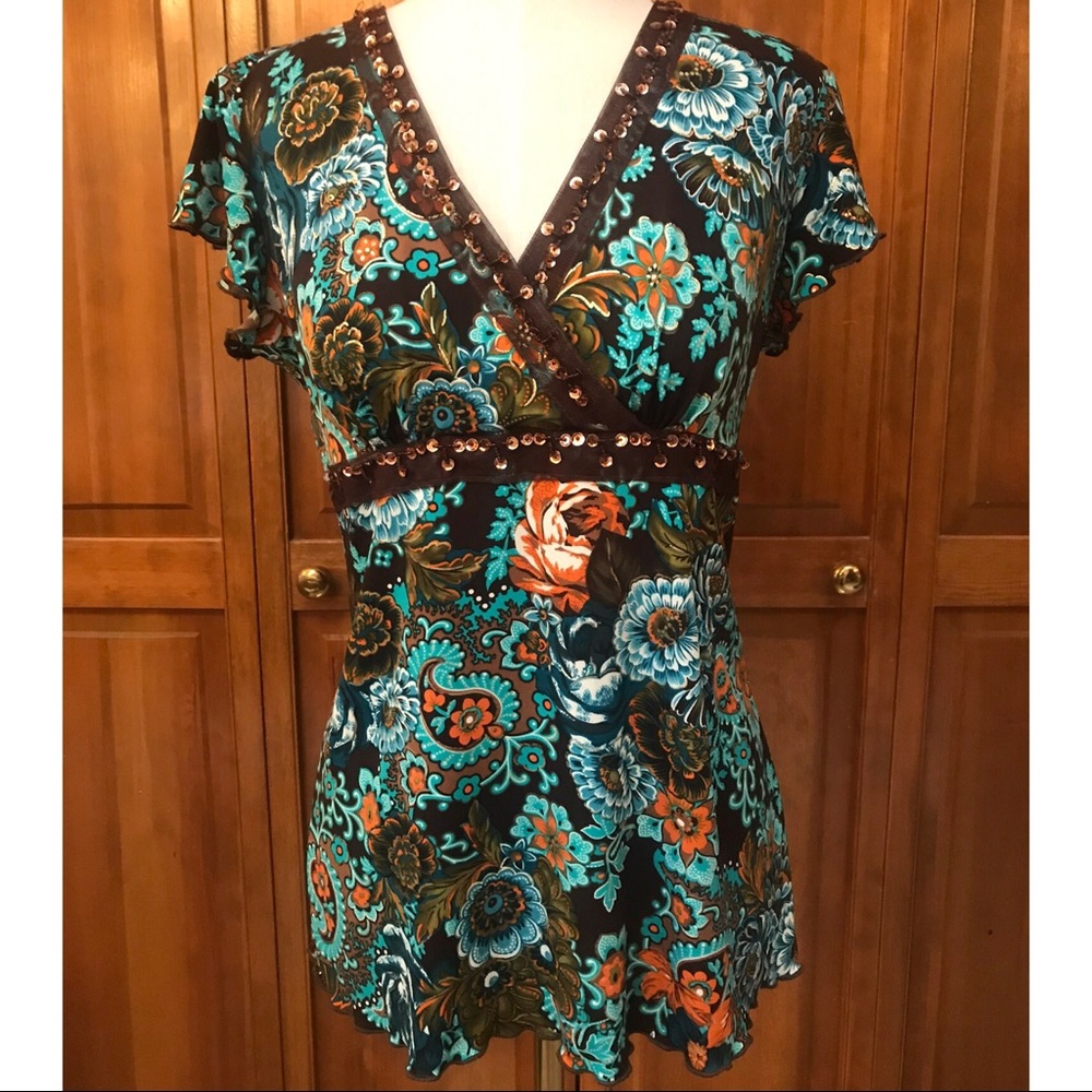 Floral Top | Brown, Blue, Orange | Medium